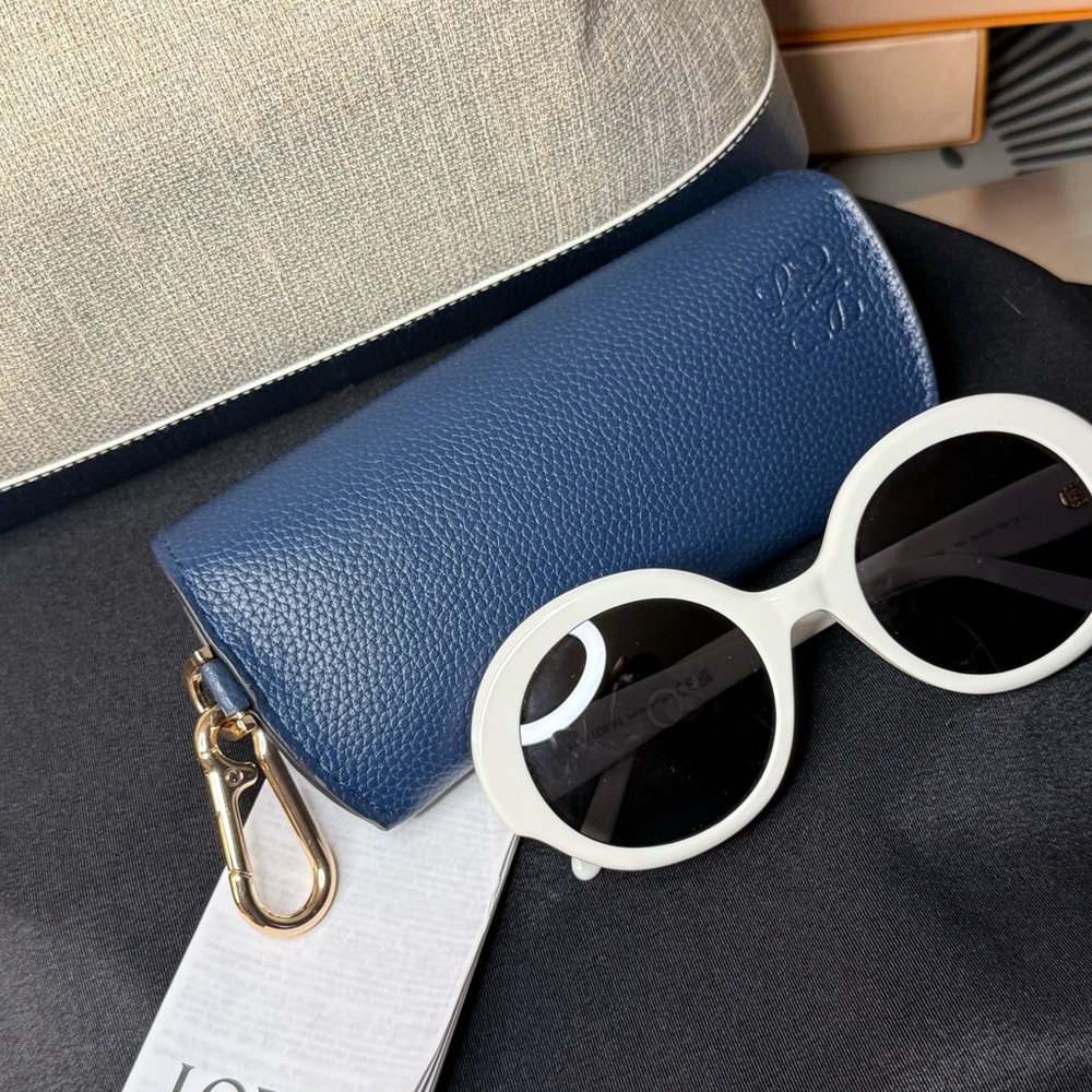 Loewe Chic Round Slim White Acetate Sunglasses and Blue Loewe Case